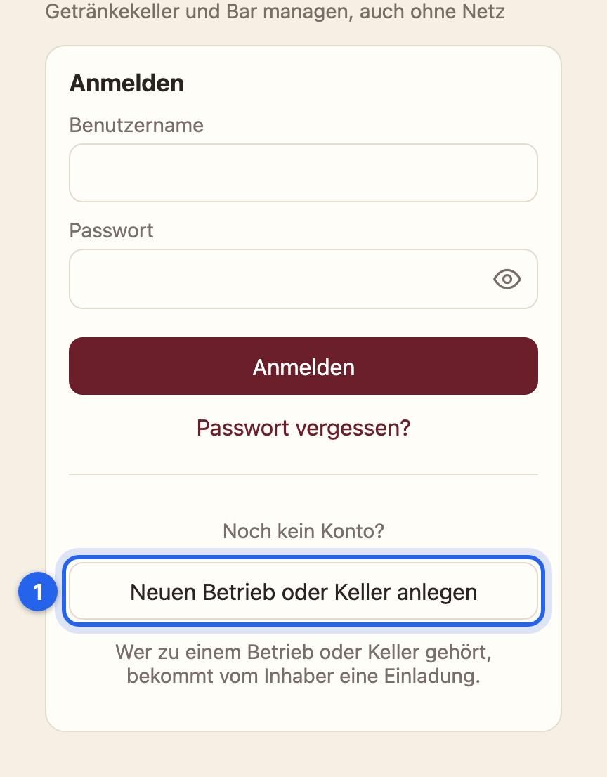 Die Anmeldeseite von KellerLog mit dem Knopf Neuen Betrieb oder Keller anlegen