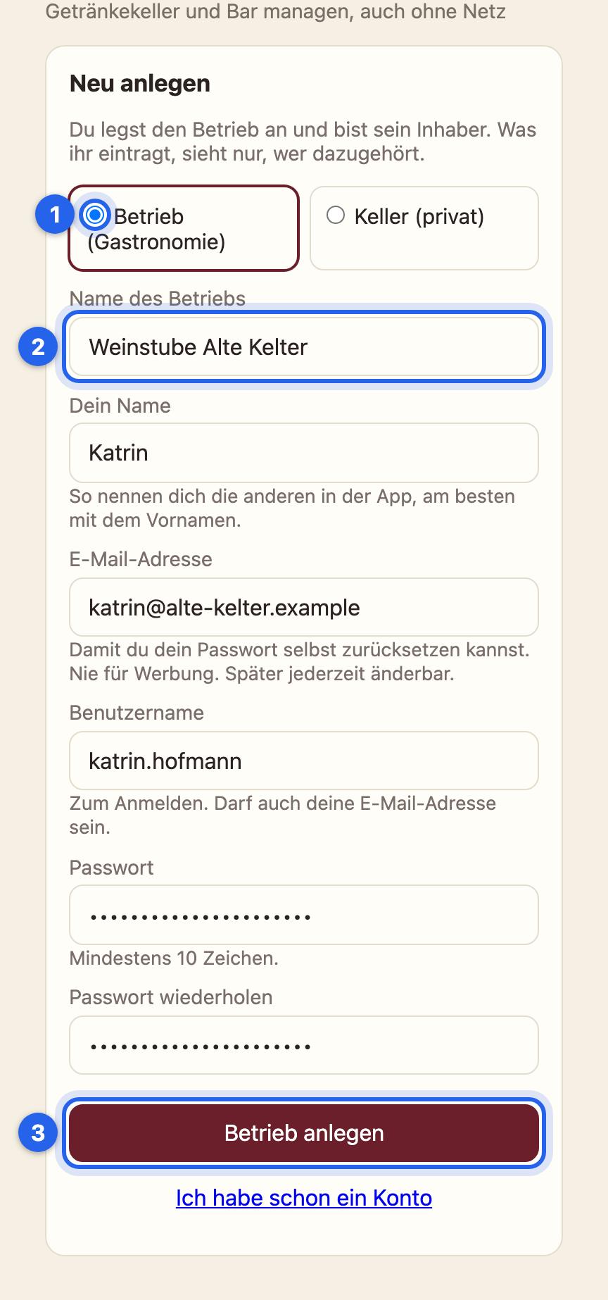 Das Formular Neu anlegen: Betrieb oder Keller, Name des Betriebs, Name, E-Mail-Adresse, Benutzername und Passwort