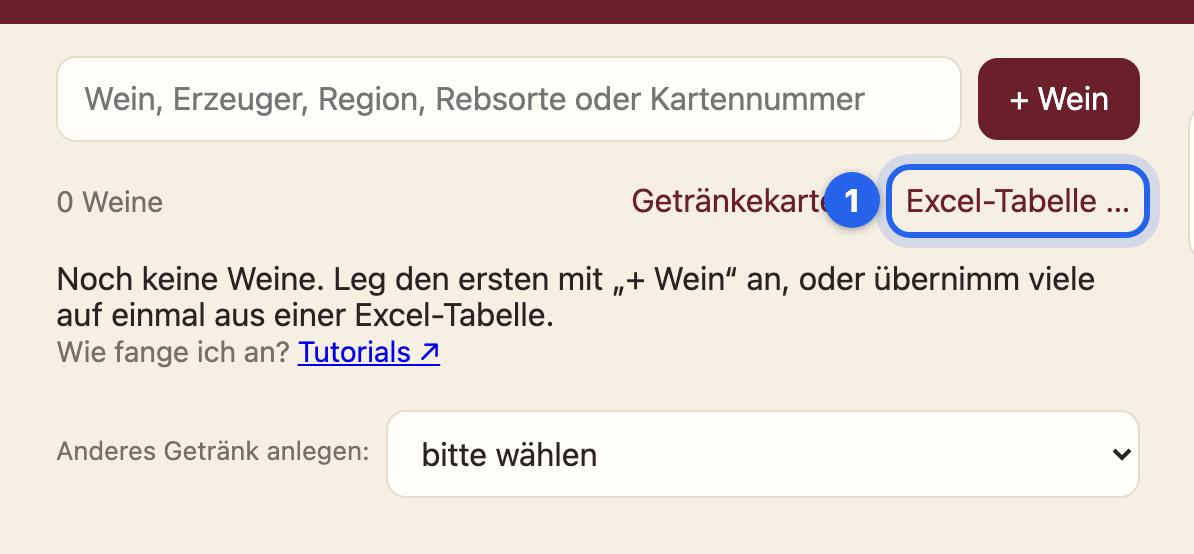 Die leere Weinliste mit den Links Getränkekarte und Excel-Tabelle